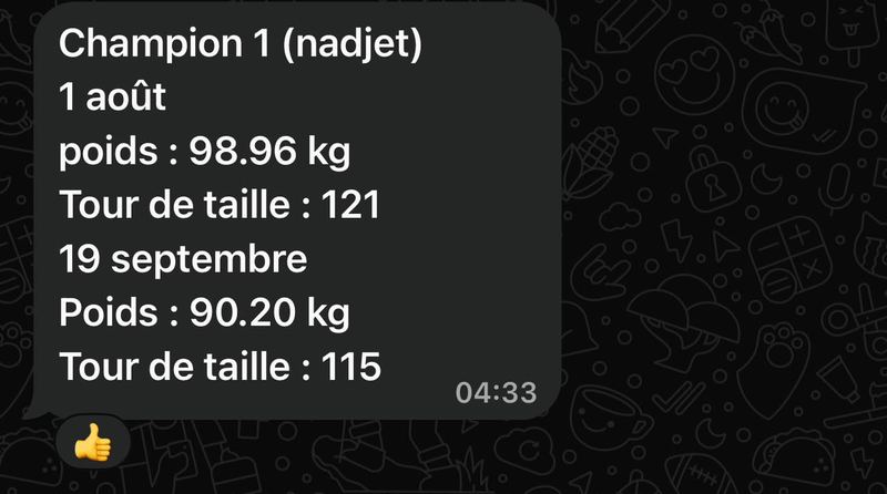 Capture : Champion 1 (Nadjet), 1er août 98.96 kg → 19 septembre 90.20 kg